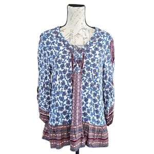 Democracy Blue Brown Boho 3/4 Sleeve Pullover Blouse XL